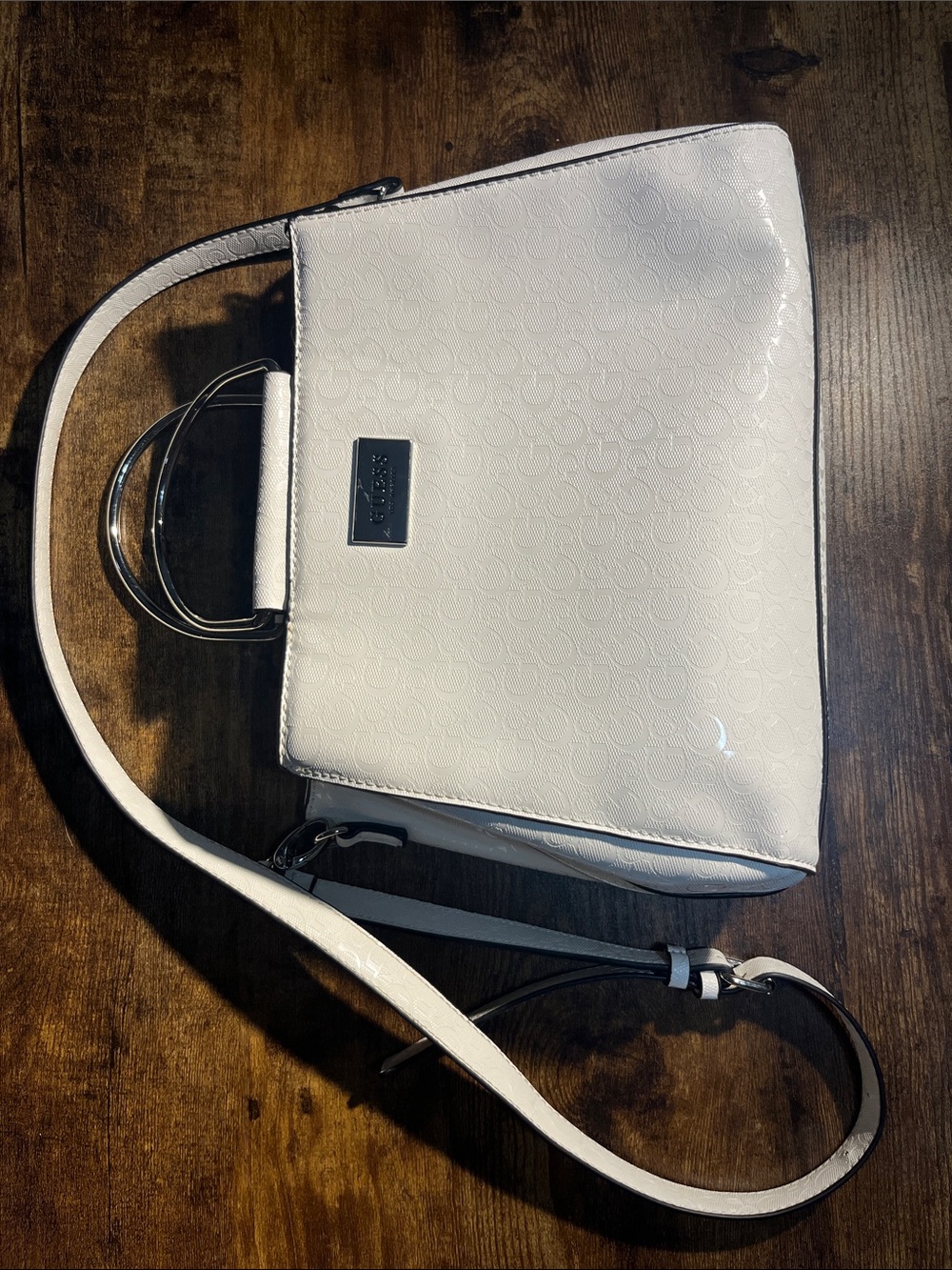 Guess White Patent Signature Crossbody Shoulder Bag with silver accents
